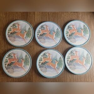 Vintage Winter Coasters With Deer In A Snowt Forest - Set Of 6 With Tin